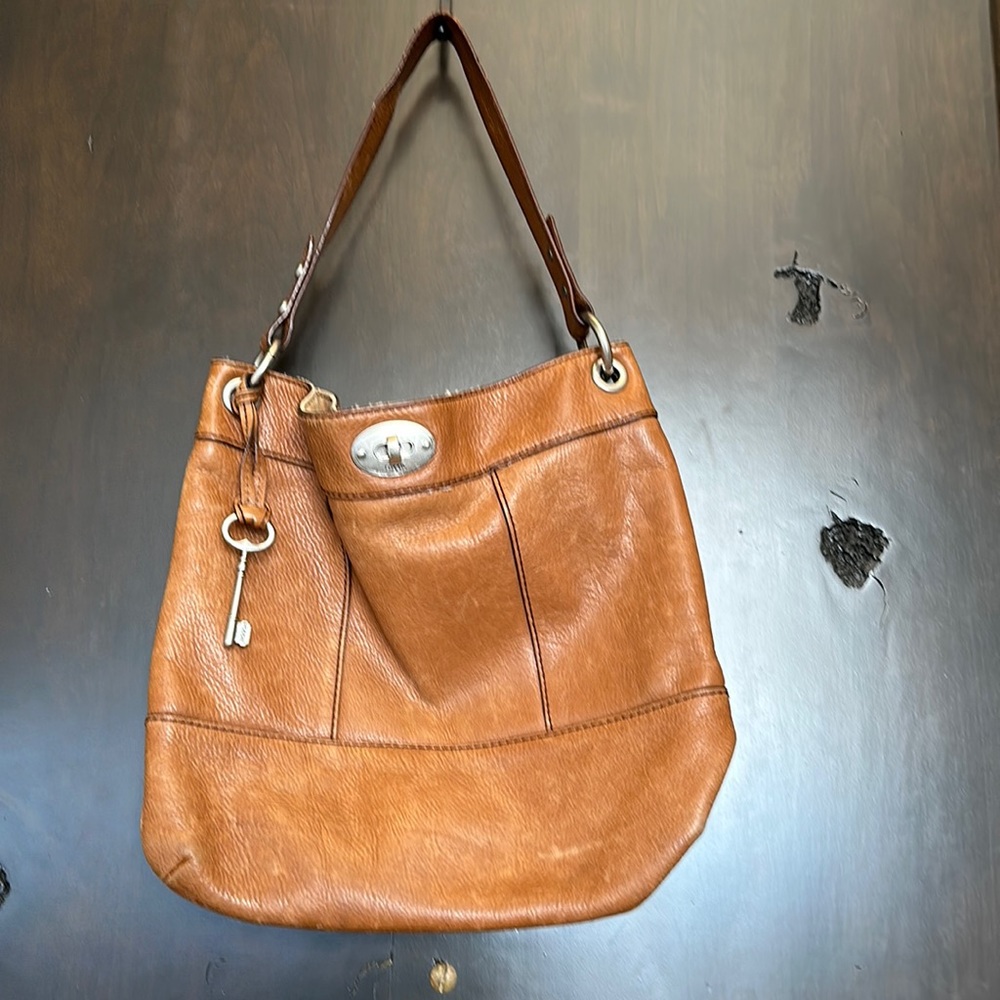 Fossil Brown Leather Bag 13” x 12” - Picture 2 of 11